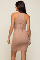 Taupe Textured Knit Halter Fitted Dress