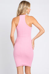 Pink Textured Knit Halter Fitted Dress