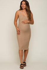 Taupe Textured Knit Sleeveless Maternity Midi Dress