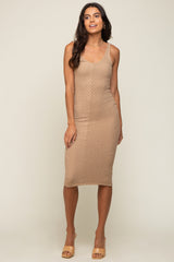 Taupe Textured Knit Sleeveless Midi Dress