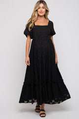 Black Floral Chiffon Smocked Square Neck Maternity Maxi Dress