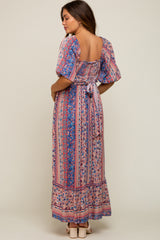 Blue Floral Smocked Short Sleeve Maternity Maxi Dress