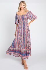 Blue Floral Smocked Short Sleeve Maxi Dress