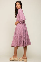 Magenta Striped 3/4 Cinched Sleeve Tiered Midi Dress