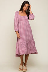 Magenta Striped 3/4 Cinched Sleeve Tiered Midi Dress