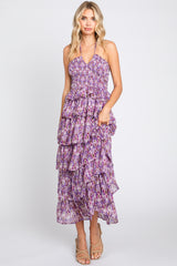 Purple Smocked Ruffle Tiered Halter Maternity Midi Dress