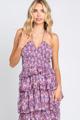 Purple Smocked Ruffle Tiered Halter Midi Dress