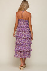 Purple Smocked Ruffle Tiered Halter Maternity Midi Dress