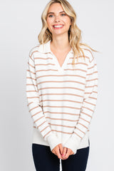 Taupe Striped V-Neck Collared Sweater