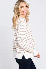 Taupe Striped V-Neck Collared Sweater