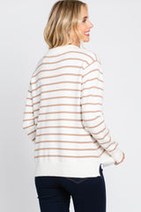 Taupe Striped V-Neck Collared Sweater