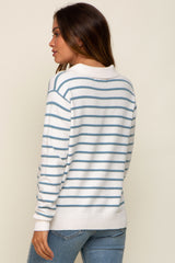 Blue Striped V-Neck Collared Maternity Sweater