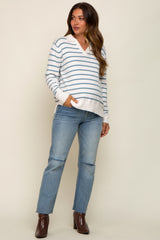 Blue Striped V-Neck Collared Maternity Sweater