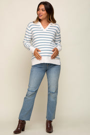 Blue Striped V-Neck Collared Maternity Sweater