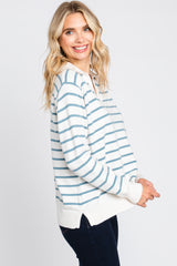 Blue Striped V-Neck Collared Sweater