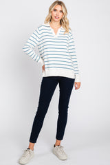 Blue Striped V-Neck Collared Sweater