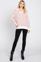 Rust Striped V-Neck Collared Sweater