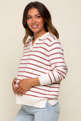 Rust Striped V-Neck Collared Maternity Sweater