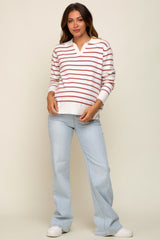 Rust Striped V-Neck Collared Maternity Sweater