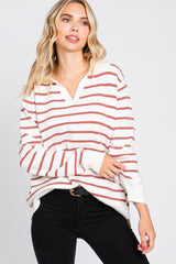 Rust Striped V-Neck Collared Sweater