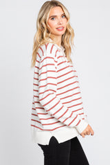 Rust Striped V-Neck Collared Sweater