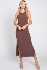 Brown Sleeveless Ribbed Side Slit Maternity Maxi Dress