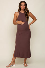 Brown Sleeveless Ribbed Side Slit Maternity Maxi Dress