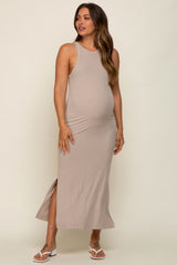 Taupe Sleeveless Ribbed Side Slit Maternity Maxi Dress