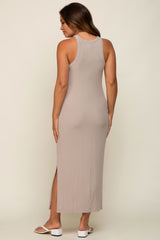 Taupe Sleeveless Ribbed Side Slit Maternity Maxi Dress