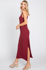 Burgundy Sleeveless Ribbed Side Slit Maxi Dress