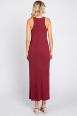 Burgundy Sleeveless Ribbed Side Slit Maxi Dress