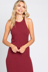 Burgundy Sleeveless Ribbed Side Slit Maxi Dress