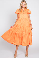 Orange Puff Sleeve Button Down Maternity Midi Dress