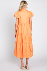 Orange Puff Sleeve Button Down Midi Dress