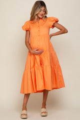 Orange Puff Sleeve Button Down Maternity Midi Dress