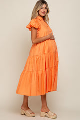 Orange Puff Sleeve Button Down Maternity Midi Dress