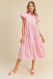 Pink Puff Sleeve Button Down Midi Dress