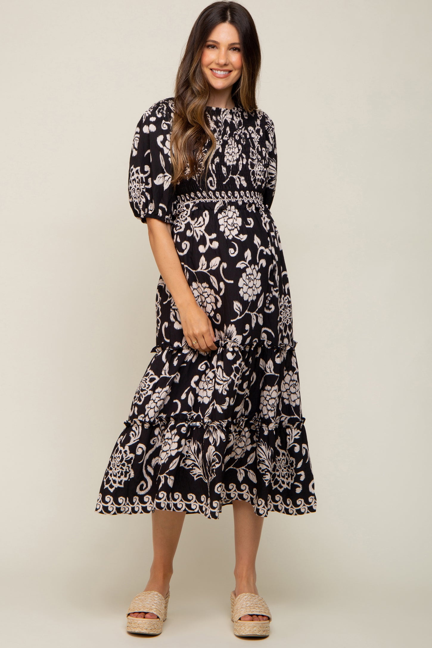 Black Floral Smocked Tiered Maternity Dress– PinkBlush