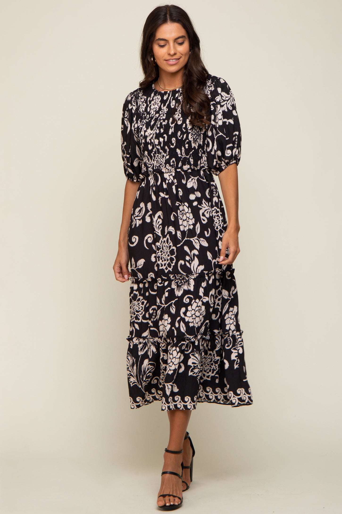 Black Floral Smocked Ruffle Tiered Midi Dress – PinkBlush