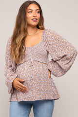 Rust Floral Smocked Front Tie Long Sleeve Maternity Top