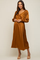 Mocha Satin Wrap Top Maternity Midi Dress