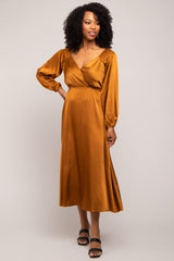 Mocha Satin Wrap Top Midi Dress