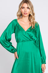 Green Satin Wrap Top Midi Dress