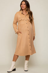 Camel Knit Corduroy Button Down Maternity Midi Dress