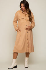 Camel Knit Corduroy Button Down Maternity Midi Dress