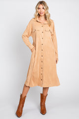 Camel Knit Corduroy Button Down Maternity Midi Dress