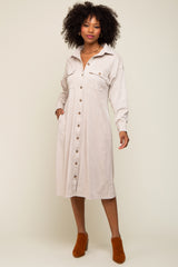 Beige Knit Corduroy Button Down Midi Dress