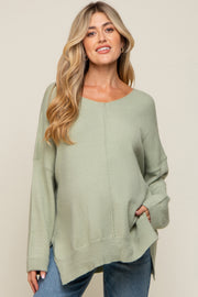 Light Olive Dolman Sleeve Side Slit Maternity Sweater