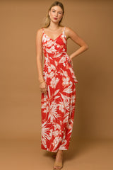 Red Floral Palm Print Wrap Maxi Dress