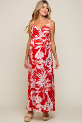 Red Floral Palm Print Wrap Maternity Maxi Dress